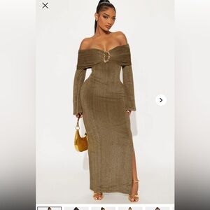 Elegant Olive Green Off-Shoulder Maxi Dress - Medium